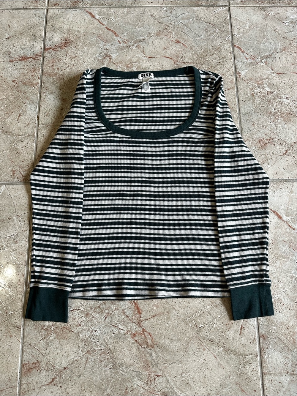 PINK Victoria's Secret Striped Green and White Long Sleeve Scoop Neck Top